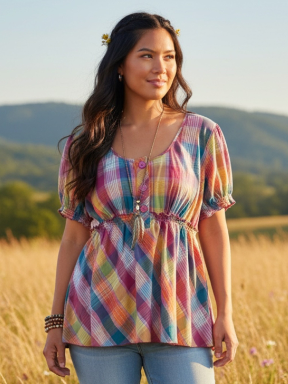 Lane Bryant Shirt Top Tunic Sz 26 28 4X Plaid Vibrant Babydoll Boho Gypsy